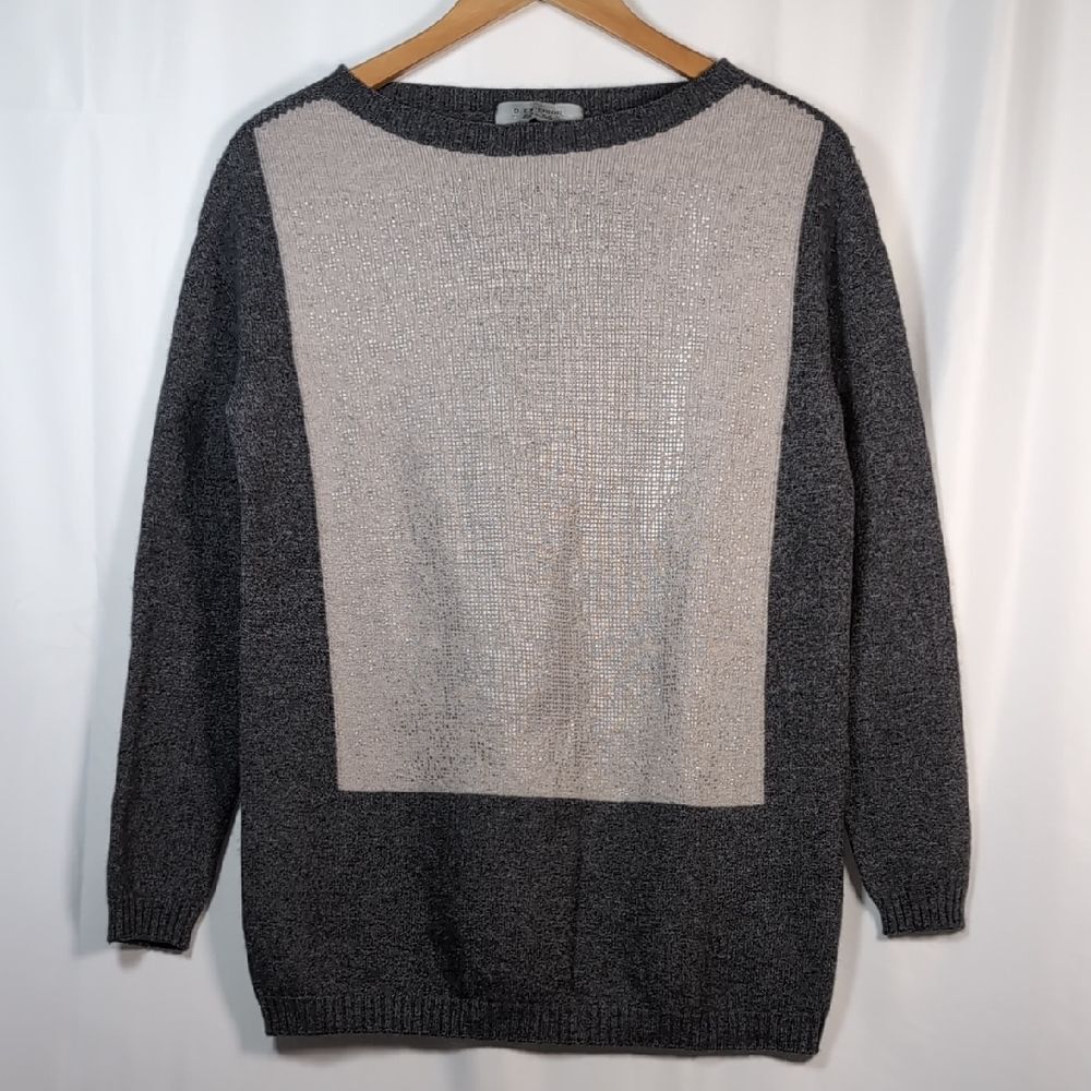 D. Exterior Italian Boat Neck Colorblock Gray Sweater with Metallic Pixel Print